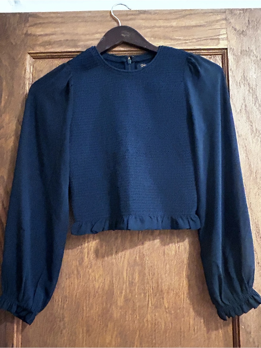 Quince Navy Chiffon Cropped Smocked Blouse